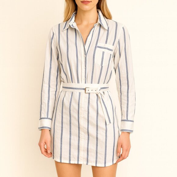 2 for $30 Free People High Vibrations Stripe Mini Shirt Dress Ivory Blue Large - Picture 1 of 10